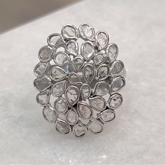 Polki Diamond Sterling Silver Platinum Ring - Picture 9 of 14